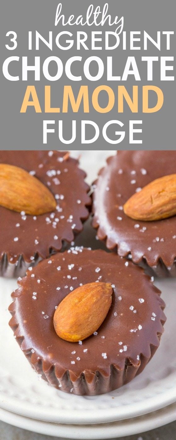 Healthy THREE Ingredient Chocolate Almond Fudge- Smooth, creamy and melt in your mouth fudge bites which takes minutes to whip up- So quick and easy! Naturally sweetened and with NO butter, NO dairy, NO refined sugar and NO flour! {vegan, gluten free, clean eating, paleo recipe}- thebigmansworld.com