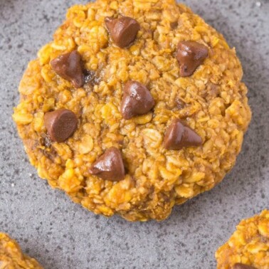 Healthy 3 Ingredient NUT-FREE Flourless Pumpkin Cookies- These thick, chewy and soft cookies are 100% Nut-free and made with sunflower seed (sunbutter!) and allergen-friendly- NO butter, oil, flour or sugar! Perfect for lunch boxes! {vegan, gluten free, sugar free recipe}- thebigmansworld.com