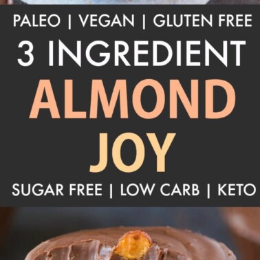 3 Ingredient Homemade Almond Joy (Paleo, Vegan, Sugar Free)- An easy, homemade three ingredient healthy almond joy copycat recipe which is low carb, dairy free and gluten free. Coconut, chocolate and almonds combined! {v, gf, p recipe}- thebigmansworld.com #almondjoy #keto