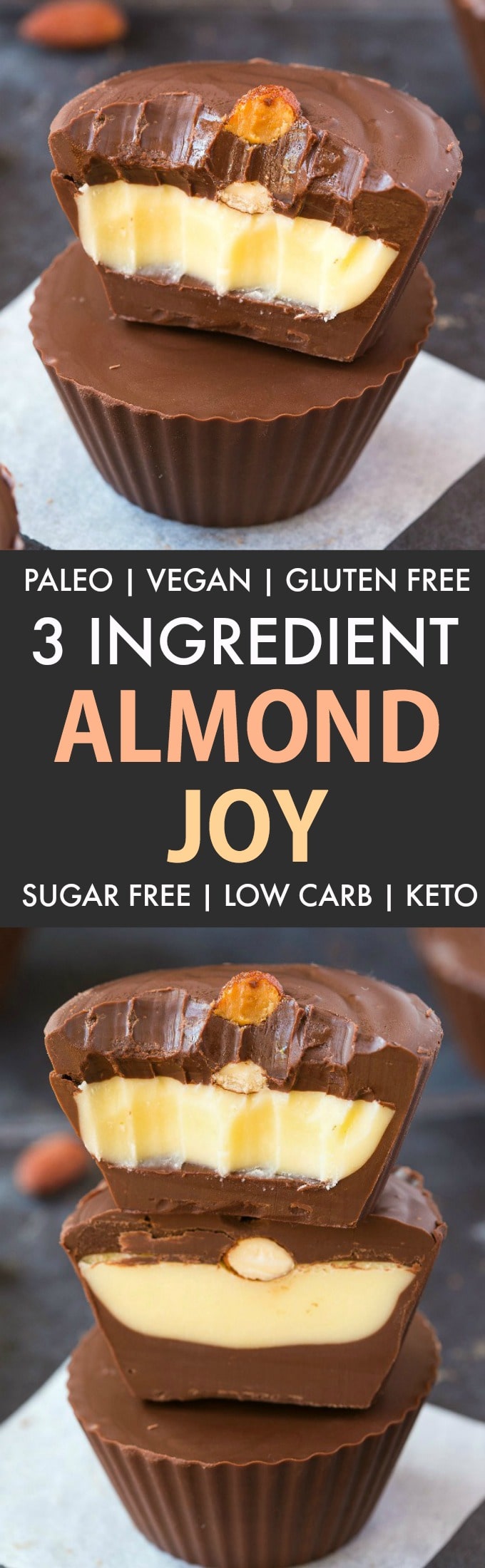 3 Ingredient Homemade Almond Joy (Paleo, Vegan, Sugar Free)- An easy, homemade three ingredient healthy almond joy copycat recipe which is low carb, dairy free and gluten free. Coconut, chocolate and almonds combined! {v, gf, p recipe}- thebigmansworld.com #almondjoy #keto 