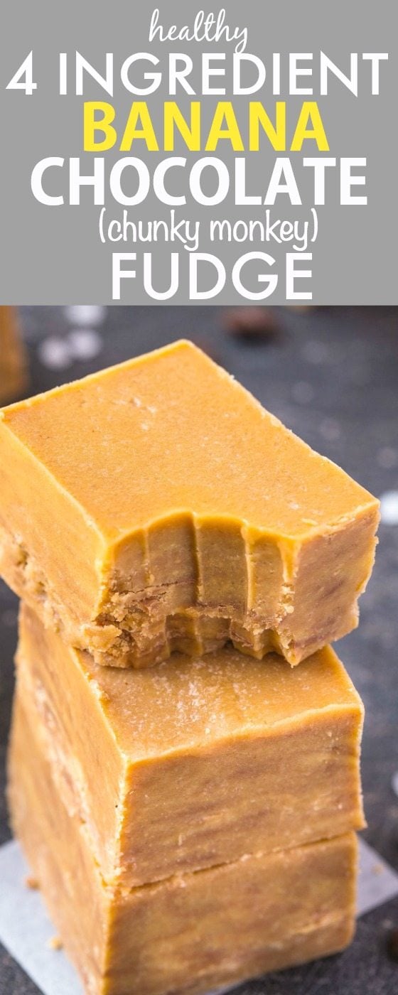 Healthy 4 Ingredient Banana Chocolate (CHUNKY MONKEY) Fudge- Smooth, creamy and ready in MINUTES, this quick, easy and delicious no bake fudge has NO butter, dairy, white sugar, grains or flour and perfect to use up overripe bananas! {vegan, gluten free, refined sugar free, paleo recipe}- thebigmansworld.com 