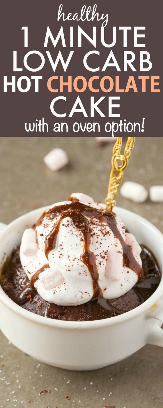 Healthy 1 Minute LOW CARB Hot Chocolate Mug Cake- this EASY, HEALTHY microwave recipe takes less than a minute and is eggless, flourless and 100% DELICIOUS! {vegan, gluten free, paleo recipe}- thebigmansworld.com