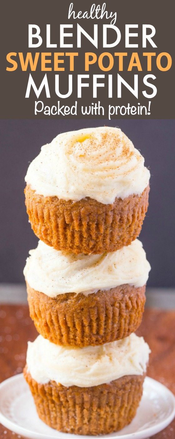 Healthy Flourless BLENDER Sweet Potato Muffins- Light, fluffy, and made in one bowl, these moist protein packed muffins are made with NO sugar, NO butter, NO oil and NO grains/flour but 100% delicious- Freezer and kid friendly too! {vegan, gluten free, paleo recipe}- thebigmansworld.com