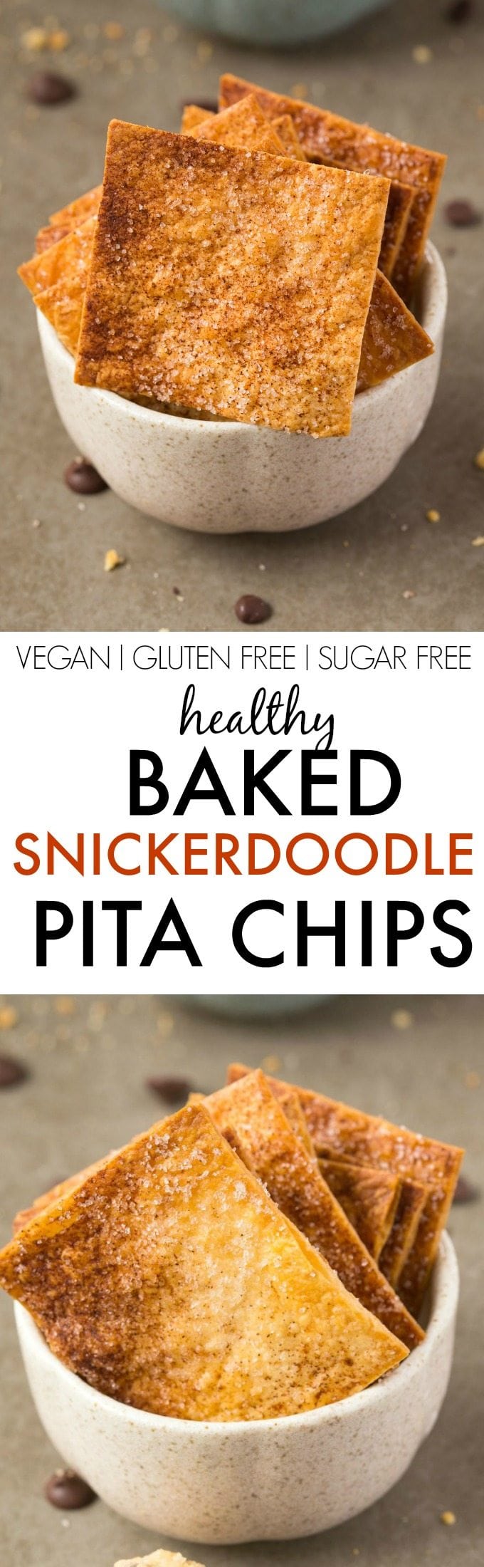 Healthy BAKED Snickerdoodle Pita Chips- Crispy, sweet, salty and with a delicious punch of cinnamon, it's healthy twist on the classic cookie- Quick, easy, DELICIOUS! {vegan, gluten free, sugar free recipe}- thebigmansworld.com