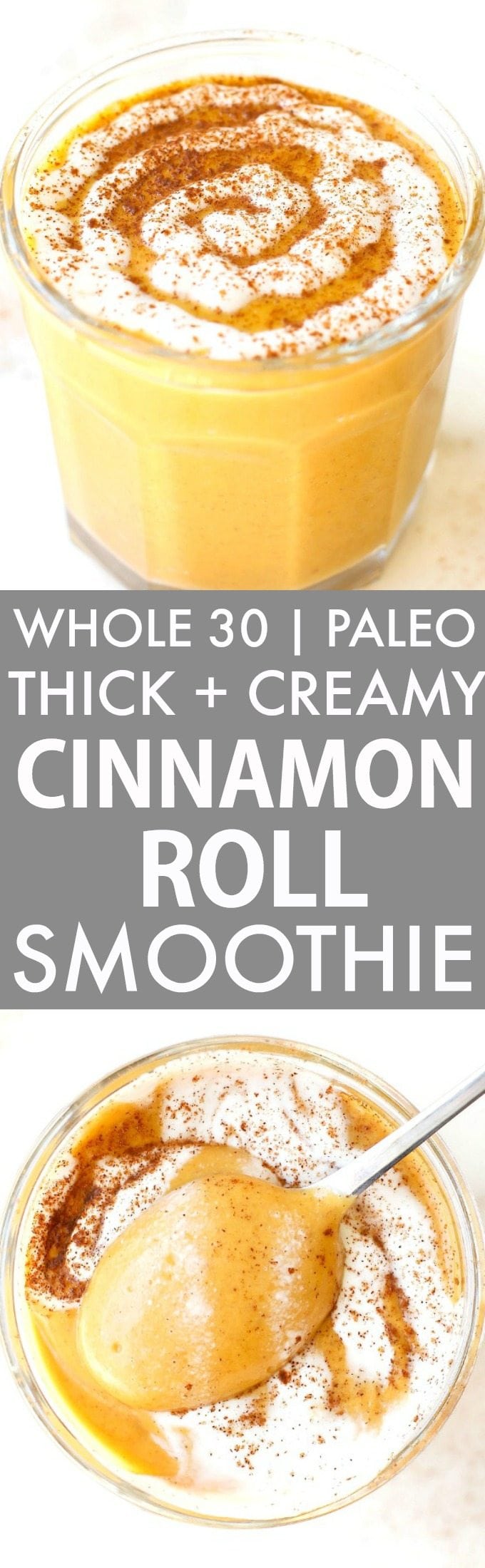 Thick and Creamy Cinnamon Roll Smoothie (Whole 30, Paleo, V, GF)- Healthy, Wholesome, hearty and EASY, this thick and creamy smoothie is JUST like a cinnamon roll- Cozy, comforting and keeps you satisfied and filling! Enjoy hot or cold! {whole30, paleo, vegan, gluten free recipe}- thebigmansworld.com
