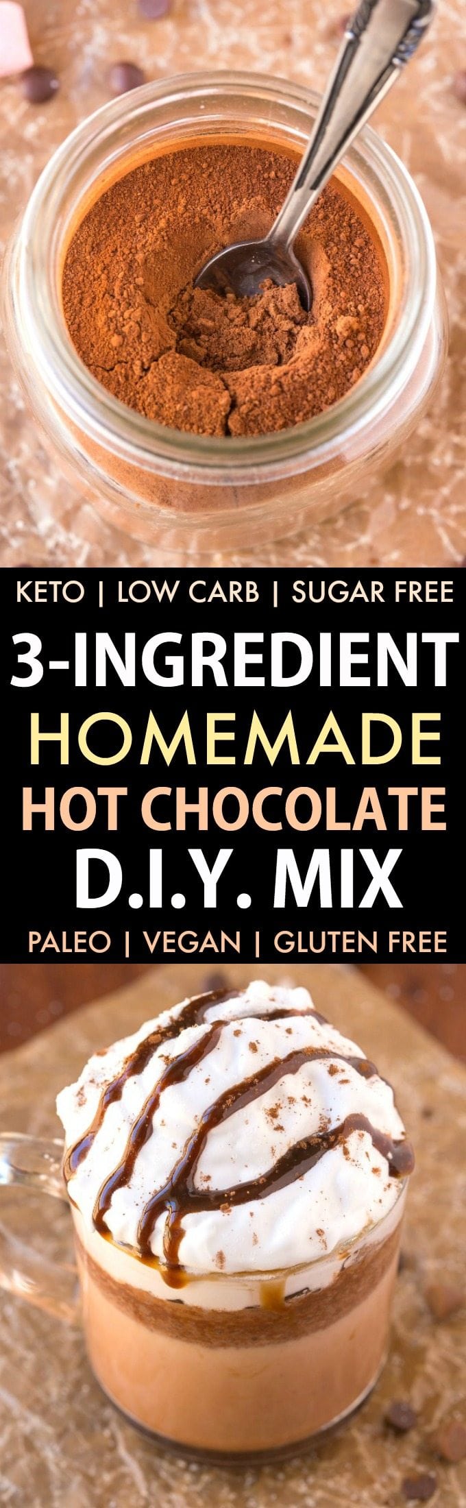 3-Ingredient Homemade Sugar Free Hot Chocolate Mix (Keto, Low Carb, Paleo, Vegan, Gluten Free)- A dairy free and low calorie homemade hot cocoa mix using just 3 ingredients- Just add hot water! #ketorecipes #paleorecipes #ediblegifts #sugarfreerecipes #hotchocolate #hotcocoa | Recipe on thebigmansworld.com