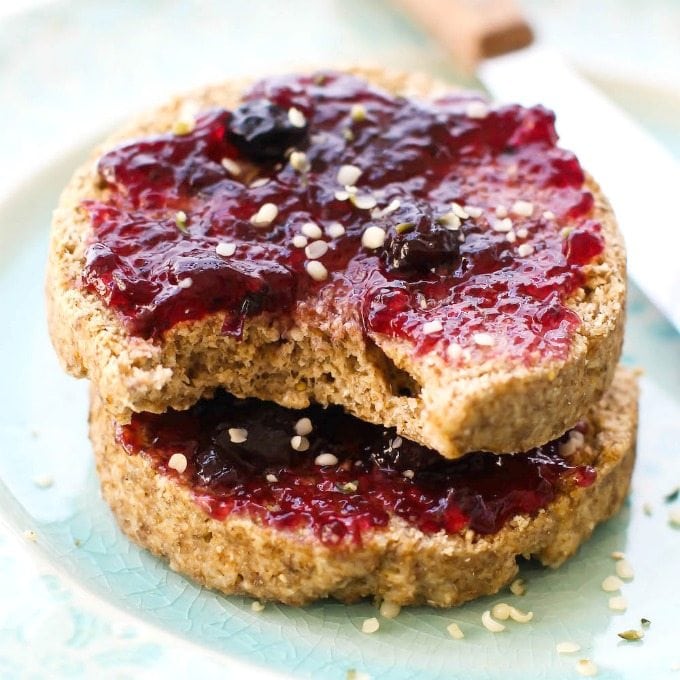 TWO Minute Flourless English Muffin- Perfect toasted and a bread alternative, these crispy, chewy and tender English muffins are completely yeast free and made in a microwave or an oven- There is a grain free option too! {Vegan, gluten free, paleo recipe}- thebigmansworld.com