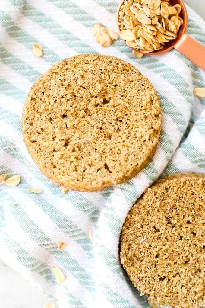 TWO Minute Flourless English Muffin- Perfect toasted and a bread alternative, these crispy, chewy and tender English muffins are completely yeast free and made in a microwave or an oven- There is a grain free option too! {Vegan, gluten free, paleo recipe}- thebigmansworld.com