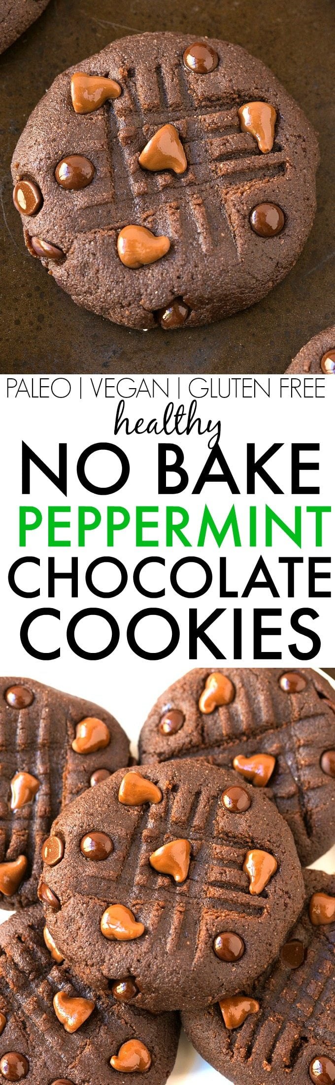 NO BAKE Peppermint Chocolate Cookies (V+GF+Paleo): Easy, guilt-free, one bowl, HEALTHY no bake cookies ready in minutes- LOADED with chocolate chips and a hint of mint- Sugar Free and packed with protein! {vegan, gluten free, paleo recipe}- thebigmansworld.com