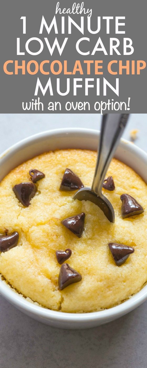 Healthy 1 Minute LOW CARB Chocolate Chip Muffin (mug cake)- Light, fluffy and moist in the inside! Single serving and packed full of protein and NO sugar whatsoever- Oven option too! {vegan, gluten free, paleo recipe}- thebigmansworld.com