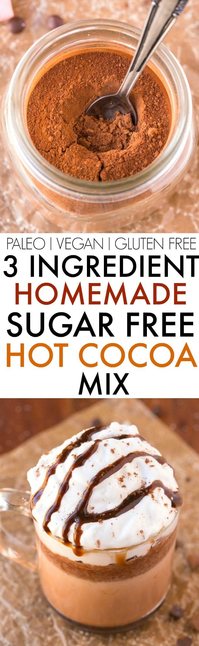 3 Ingredient Sugar Free Hot Chocolate Cocoa Mix (V, GF, Paleo)- Easy, healthy, creamy hot chocolate mix perfect for gifting and made with NO nasties or fillers- Just add water or milk! {vegan, gluten free, paleo recipe}- thebigmansworld.com