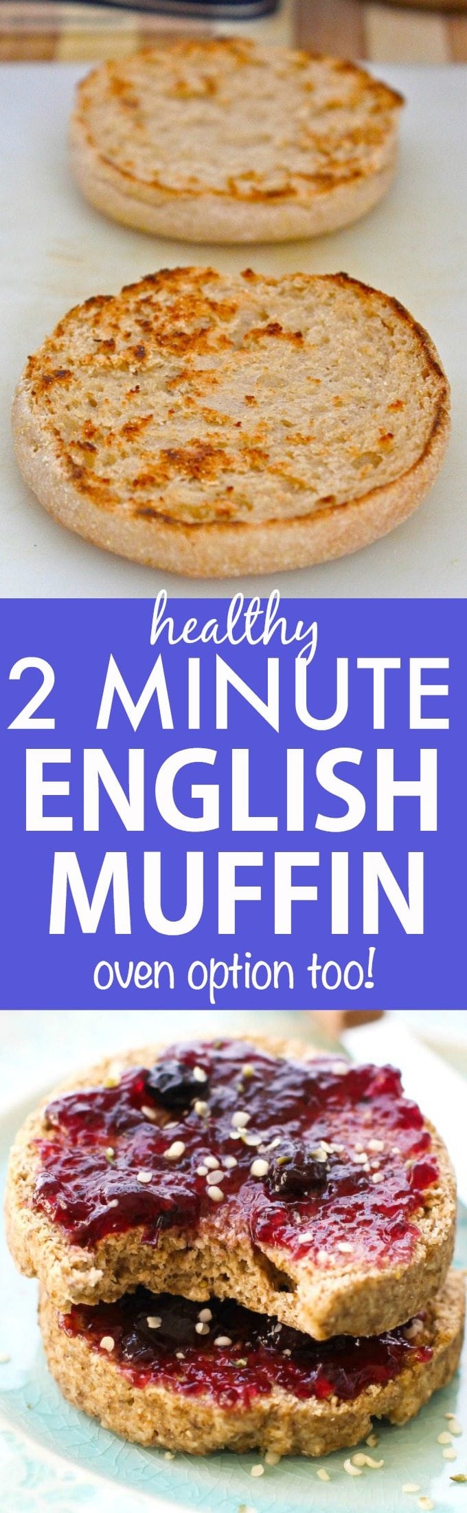 TWO Minute Flourless English Muffin- Perfect toasted and a bread alternative, these crispy, chewy and tender English muffins are completely yeast free and made in a microwave or an oven- There is a grain free option too! {Vegan, gluten free, paleo recipe}- thebigmansworld.com