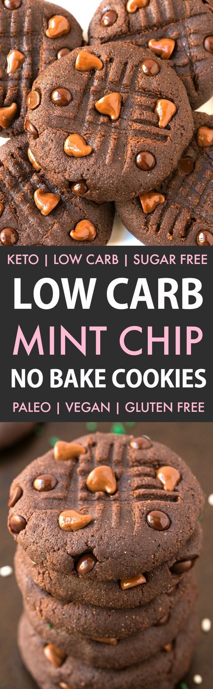 No Bake Low Carb Mint Chocolate Chip Cookies (Keto, Sugar Free, Paleo, Vegan, Gluten Free)- Thick, chewy, soft protein-packed no bake cookies with a hint of peppermint and loaded with chocolate! #keto #ketodessert #lowcarbrecipe #sugarfree #dairyfree | Recipe on thebigmansworld.com
