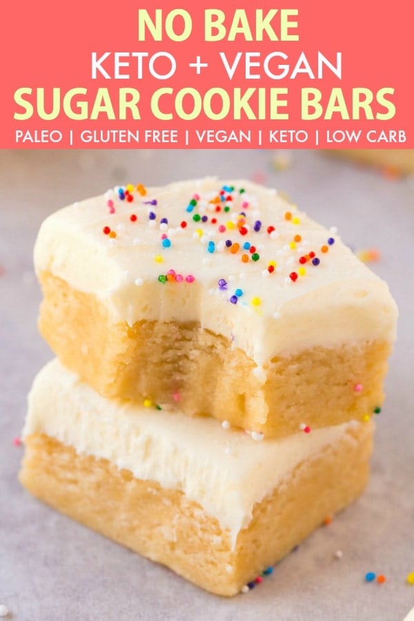 Two healthy no bake sugar bars topped with a protein cream cheese frosting.