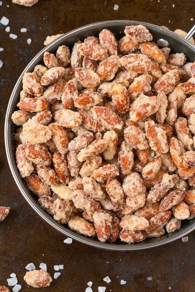 Easy Stovetop Sugar Free Candied Almonds (V, GF, Paleo)- Just 3 Easy, healthy ingredients and ZERO sugar- No table sugar, no sticky sweeteners and less than 10 minutes- Oven option too! {vegan, gluten free, paleo recipe}- thebigmansworld.com