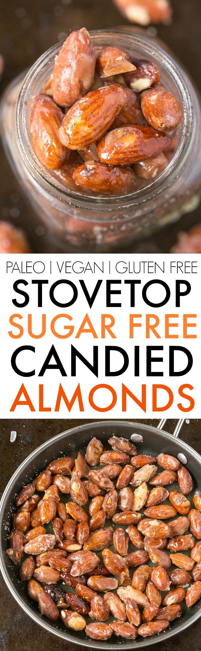 Easy Stovetop Sugar Free Candied Almonds (V, GF, Paleo)- Just 3 Easy, healthy ingredients and ZERO sugar- No table sugar, no sticky sweeteners and less than 10 minutes- Oven option too! {vegan, gluten free, paleo recipe}- thebigmansworld.com