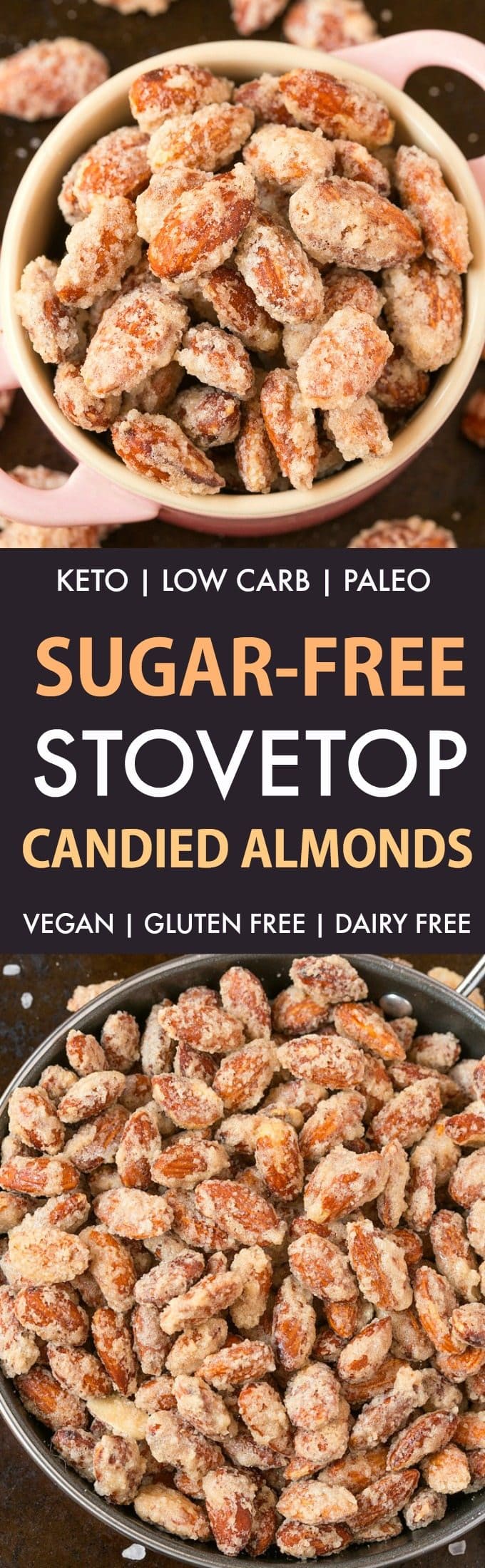Easy Sugar-Free Candied Almonds (Keto, Low Carb, Paleo)- Stovetop made candied almonds made with zero sugar or oil- Perfect for holidays, gifts and every day guilt-free snacking! {vegan, gluten free, dairy free recipe}- #almonds #sugarfree #lowcarb #ketodessert | Recipe on thebigmansworld.com