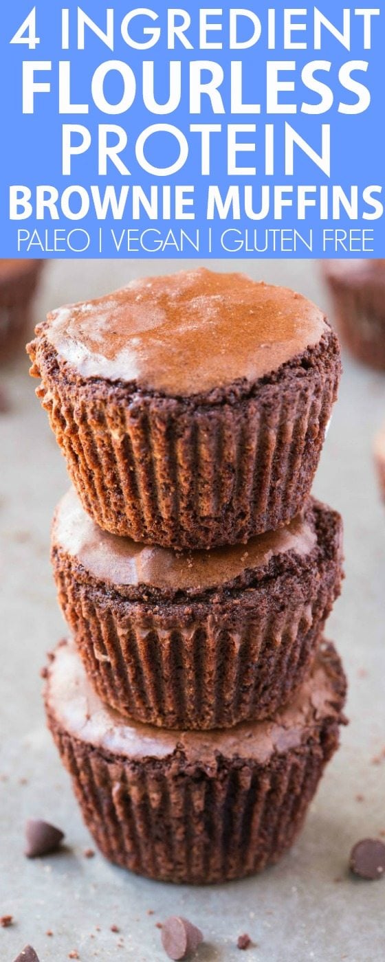 Healthy FOUR ingredient Flourless Protein Brownie Muffins (V, GF, Paleo)- NO butter, oil, grains or flour needed to make these rich, dense, subtly sweet brownie muffins packed with protein- A quick and easy snack which DON'T taste healthy! {vegan, gluten free, refined sugar free, paleo recipe}- thebigmansworld.com