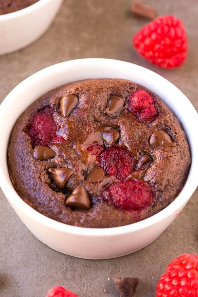 Healthy 1 Minute Chocolate Raspberry Brownie (Paleo, V, GF, Low Carb)- Moist, gooey, quick and easy dessert or snack! Flourless, grain free and single serving! Loaded with chocolate, raspberries and perfect for Valentine's day too! Oven option included! {vegan, gluten free, sugar free, paleo recipe}- thebigmansworld.com