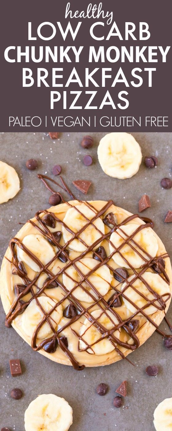 Healthy LOW CARB Chunky Monkey Breakfast Pizza (V, GF, Paleo)- A guilt-free breakfast which tastes like dessert- Smooth nut butter, fresh banana slices and a drizzle of clean eating chocolate- Quick, easy and filling! {vegan, gluten free, paleo recipe}- thebigmansworld.com