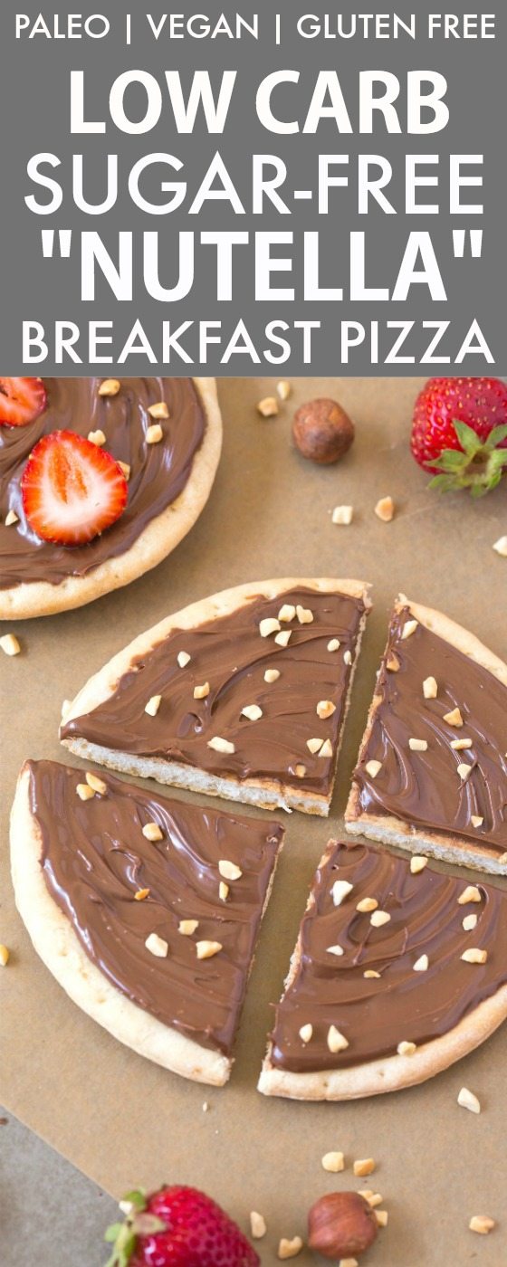 Healthy Low Carb Sugar Free "Nutella" Breakfast Pizza (V, GF, Paleo)- A thin and crispy low carb pizza crust topped with a creamy and sugar-free hazelnut spread! It's filling and like dessert for breakfast! {vegan, gluten free, paleo recipe}- thebigmansworld.com