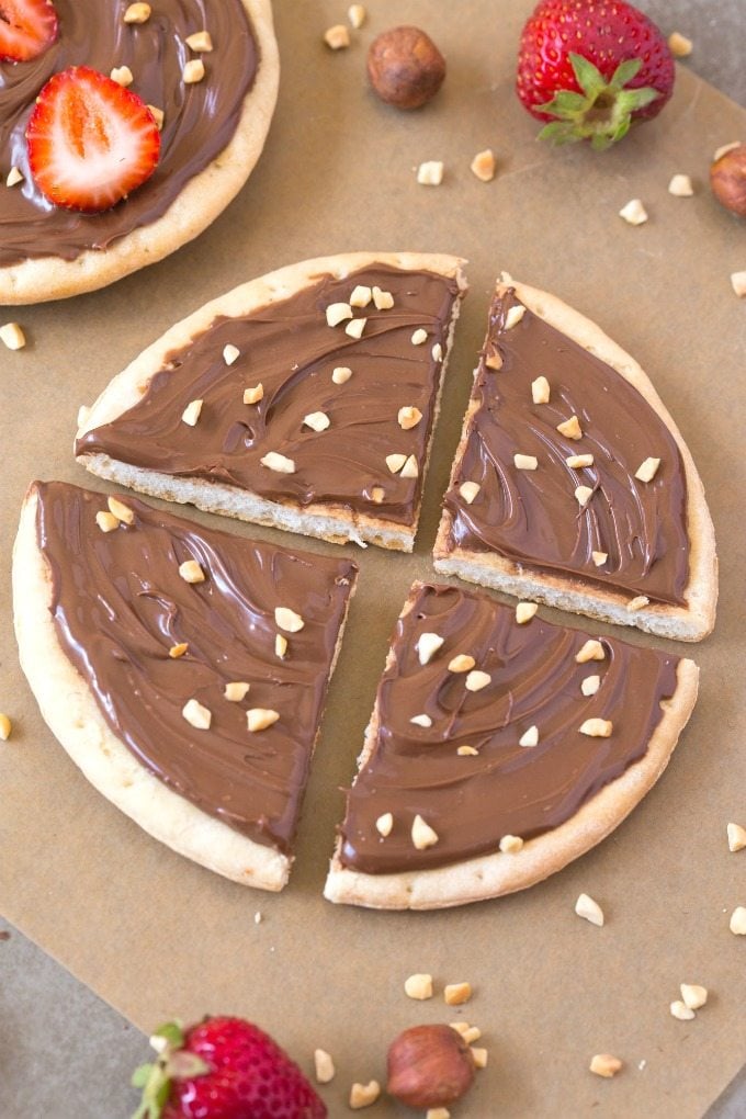 Healthy Chocolate Strawberry Pizza made with vegan nutella and topped with strawberries