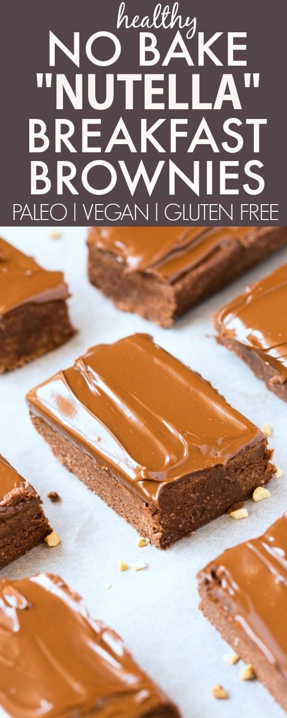 Healthy No Bake "Nutella" BREAKFAST Brownies- Dessert for breakfast! A thick and chewy chocolate brownie base, with a creamy guilt-free frosting packed with protein! Refined sugar free and dairy free! {vegan, gluten free, paleo recipe}- thebigmansworld.com