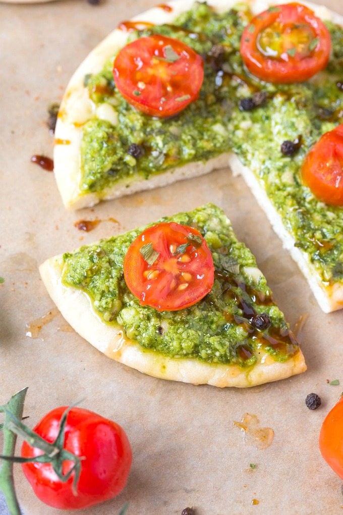 Healthy Low Carb Breakfast Pizzas with balsamic vinegar and pesto
