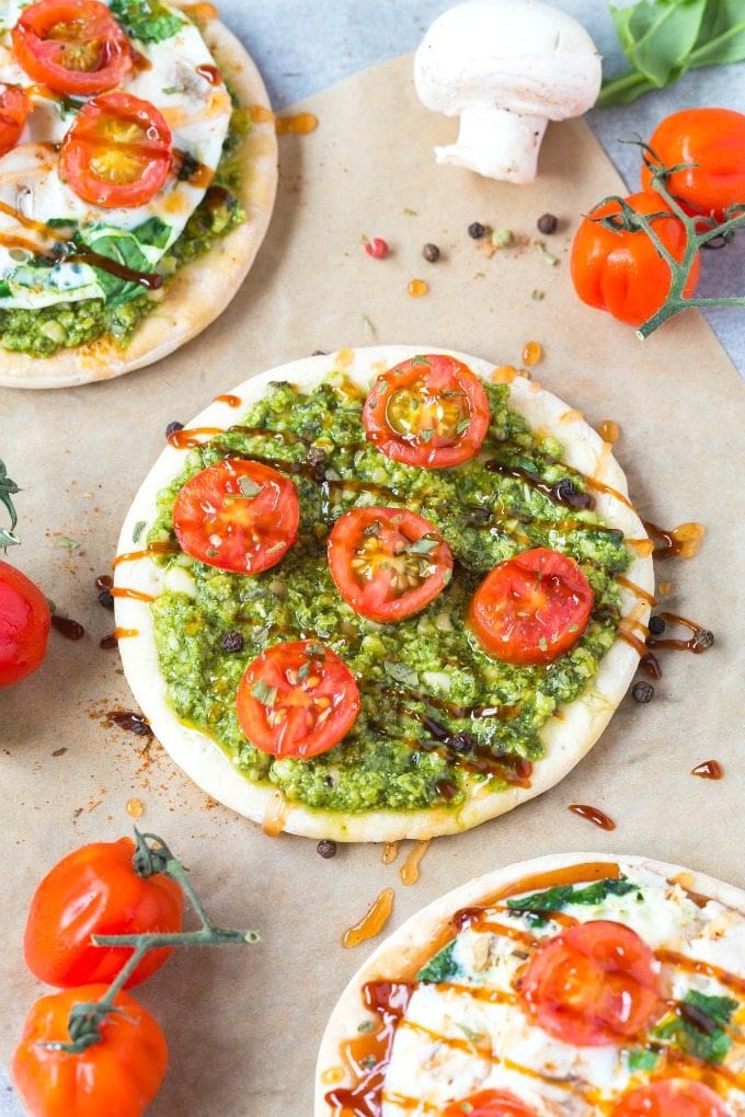 Low Carb Breakfast Pizzas topped with pesto