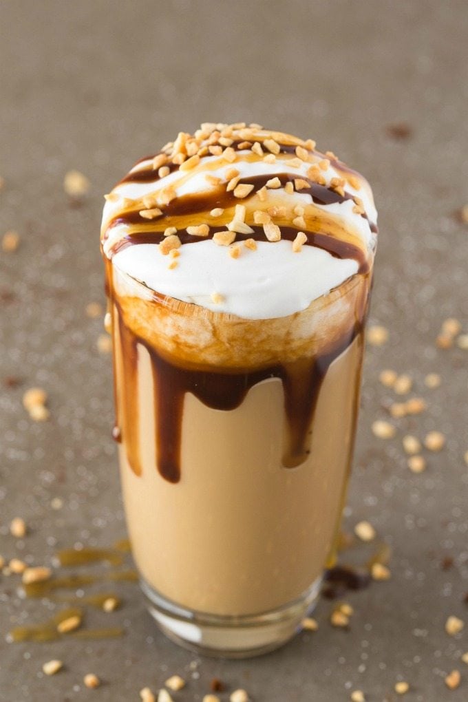 Healthy Low Carb Snickers Breakfast Shake- Quick, easy and frappe-like! It's protein packed and perfect for weight loss- NO dairy and sugar-free! {Vegan, gluten free, paleo recipe}- thebigmansworld.com