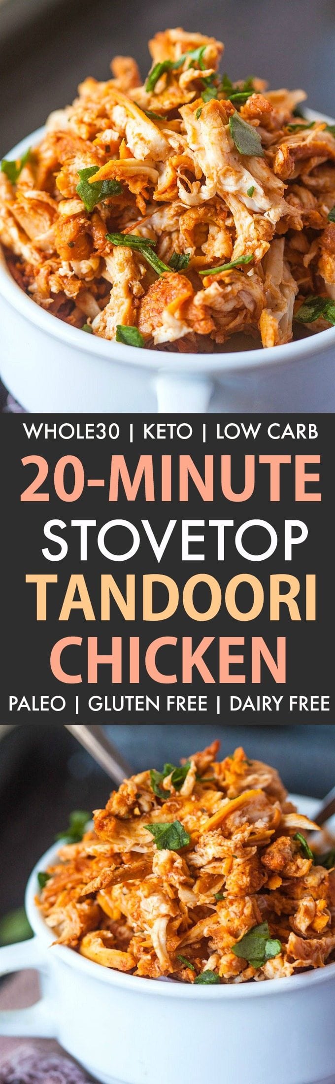 20 Minute Stovetop Pulled Tandoori Chicken (Whole30, Keto, Paleo, Gluten Free)- Easy low carb chicken recipe which is whole30 approved and keto friendly- Instant pot and crockpot ready too! #instantpot #whole30 #keto #whole30approved | Recipe on thebigmansworld.com