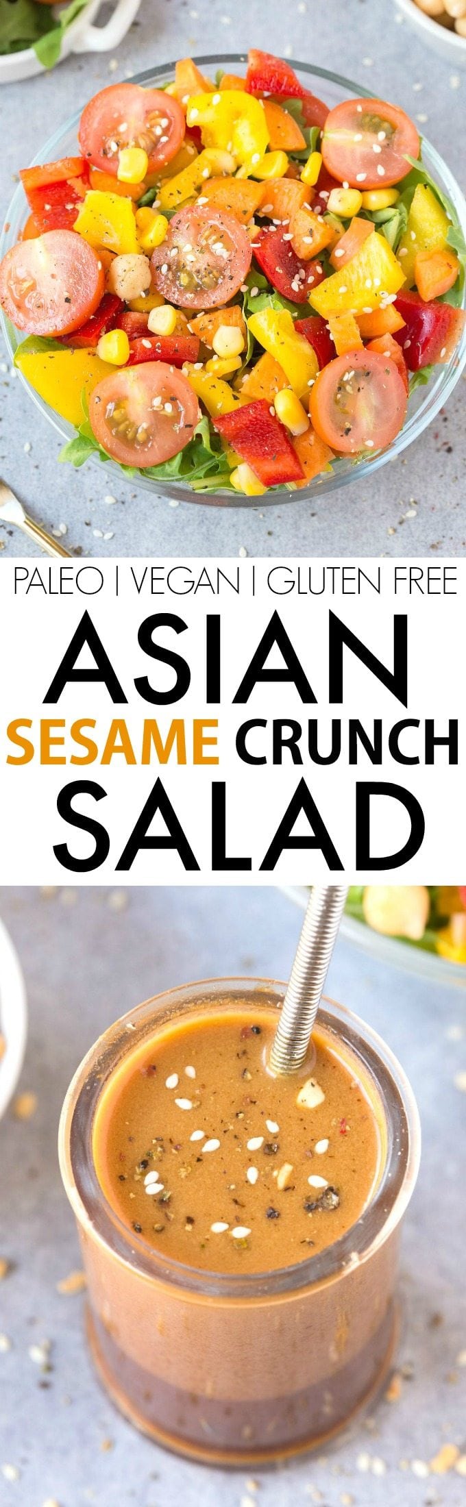 Healthy Asian Sesame Crunch Salad (V, GF, Paleo)- The BEST clean eating dressing ever, perfect to top on this texture perfect salad loaded with flavor! {vegan, gluten free, paleo, whole 30 recipe}- thebigmansworld.com