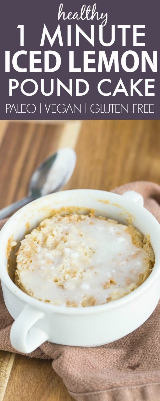 Healthy 1 Minute Iced Lemon Pound Cake Mug Cake- Light, fluffy and moist in the inside! Single serving and packed full of protein and NO sugar whatsoever-Even the delicious lemon glaze! {vegan, gluten free, paleo recipe}- thebigmansworld.com