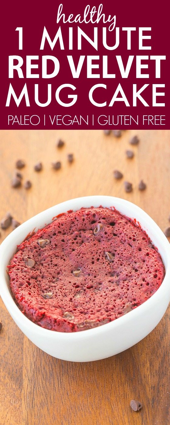 Healthy 1 Minute Red Velvet Cake Mug Cake- Light, fluffy and moist in the inside! Single serving and packed full of protein and NO sugar whatsoever-Even with a hidden vegetable! vegan, gluten free, paleo recipe- thebigmansworld.com