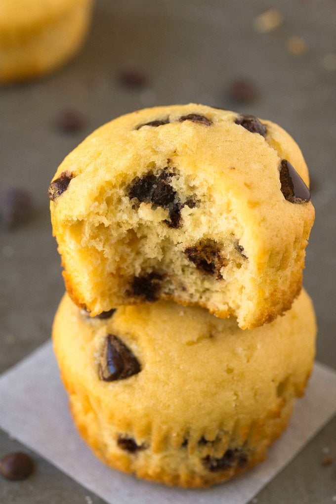 5 Ingredient Chocolate Chip Protein Muffins (GF, V, Paleo)- Muffin sani e soffici con 5 ingredienti, carichi di gocce di cioccolato e 100% senza sensi di colpa e con pochi carboidrati! {sugar-free, vegan, gluten free recipe}- thebigmansworld.com