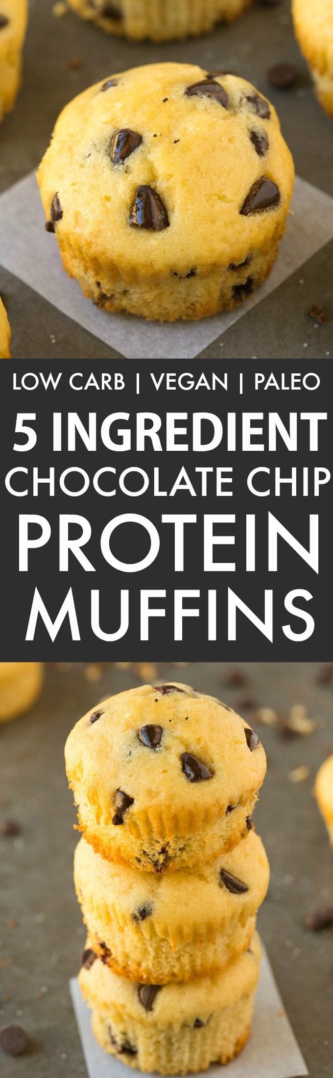 5 Ingredient Chocolate Chip Protein Muffins (GF, V, Paleo)- Healthy, 5-ingredient fluffy muffins loaded with chocolate chips and 100% guilt-free and low carb! {sugar-free, vegan, gluten free recipe}- thebigmansworld.com