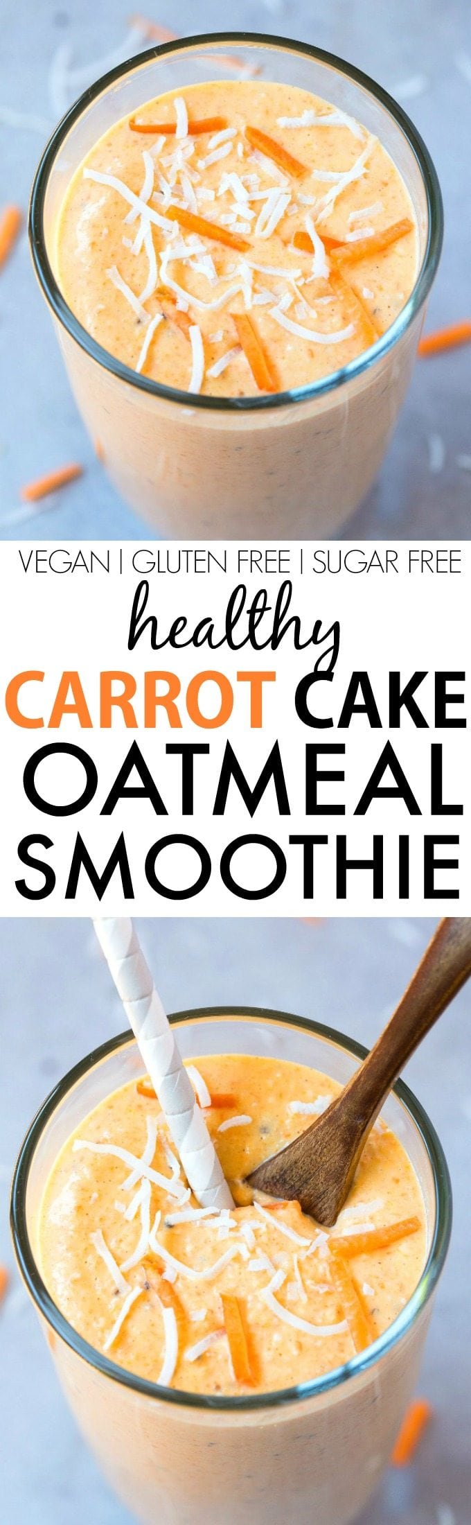 Healthy Carrot Cake Oatmeal Smoothie (V, GF, DF)- Thick, creamy, filling, satisfying and loaded with nutrients, it's like eating carrot cake in smoothie form- Packed with protein, fiber and completely sugar-free! {vegan, gluten free, dairy free recipe}- thebigmansworld.com