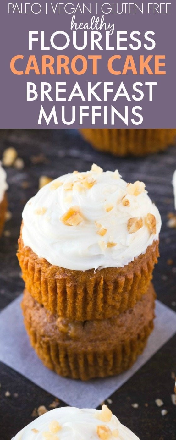 Healthy Flourless Carrot Cake Breakfast Muffins (V, GF, P, DF)- Easy, delicious and completely guilt-free muffins which are fluffy, light and secretly filling- Even the thick frosting is healthy and protein-packed! {vegan, gluten free, paleo recipe}- thebigmansworld.com