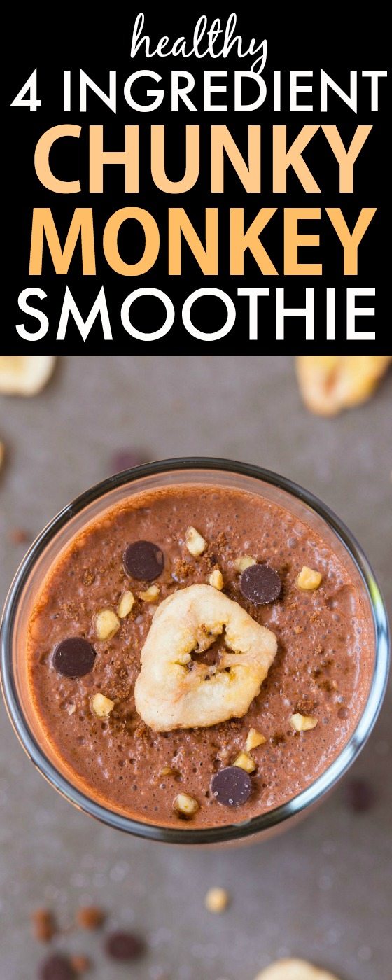 4 Ingredient Chunky Monkey Smoothie (V, GF, Paleo)- Thick, creamy and LOADED with delicious peanut butter and chocolate flavor! Protein-packed and satisfying! {vegan, gluten free, sugar free recipe}- thebigmansworld.com