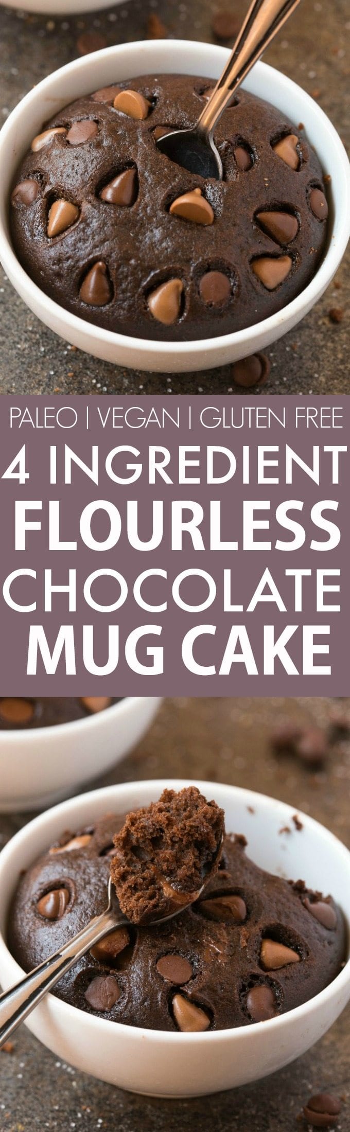 4 Ingredient Flourless Chocolate Mug Cake (V, GF, Paleo)- Ready in just ONE minute, this HEALTHY 4-ingredient chocolate cake is moist, gooey, naturally sweetened and has NO butter, oil, flour, grains or sugar, but you'd never tell- Oven option too! {vegan, gluten free, paleo recipe}- thebigmansworld.com