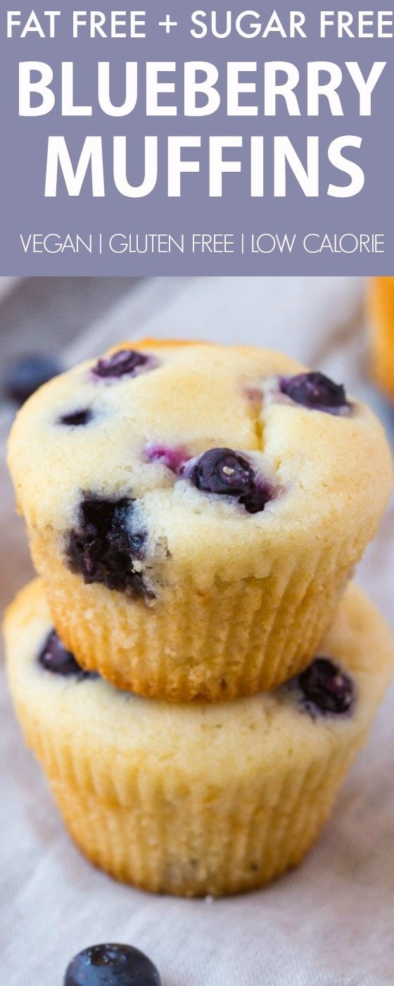 Fat Free Sugar Free Blueberry Muffins (V, GF, DF)- Moist and fluffy muffins which are tender on the outside- Made with ZERO fat and ZERO sugar, they are completely guilt-free! Easy, one bowl snack and healthy baked good! {vegan, gluten free, low calorie recipe}- thebigmansworld.com