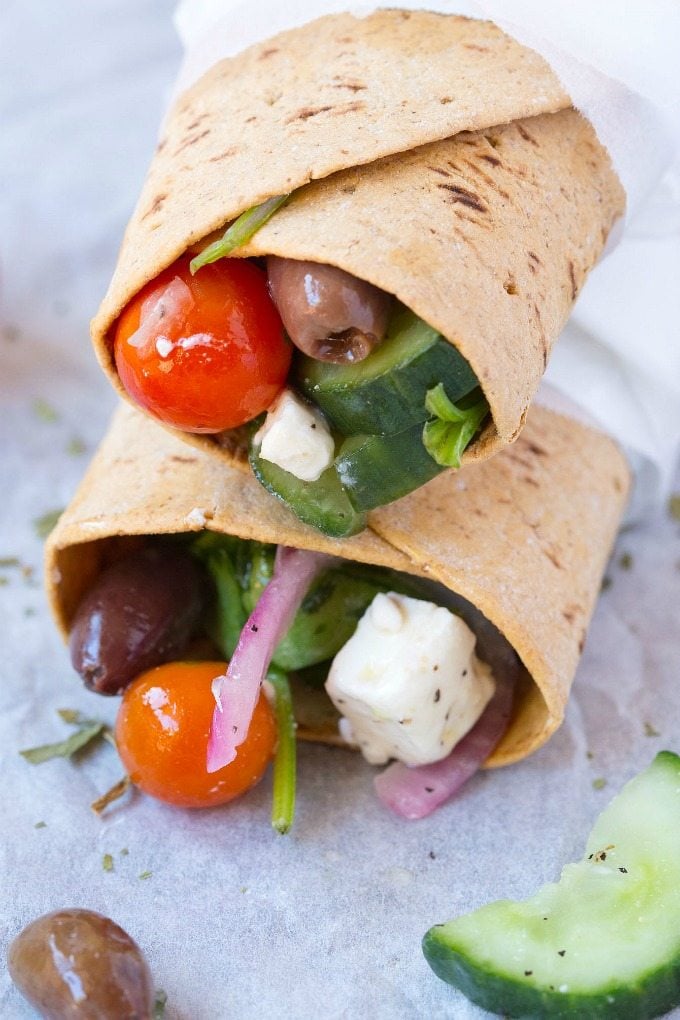 Healthy Greek Salad Wraps- Creamy feta mixed with fresh salad vegetables all wrapped up for the perfect lunch or dinner- Filling, low calorie and 6 weight watchers pro-points plus! {gluten free, low calorie, high protein recipe}- thebigmansworld.com
