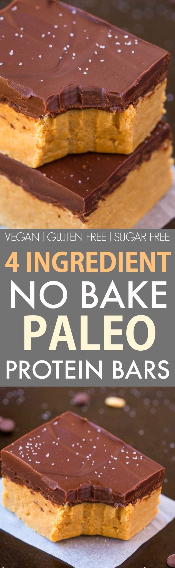 4-Ingredient No Bake Paleo Protein Bars (V, GF, DF)- Thick, chewy and fudgy protein bars which are better than anything store bought! Ready in 5 minutes and the perfect low carb and sugar free snack! {vegan, gluten free, dairy free recipe}- thebigmansworld.com