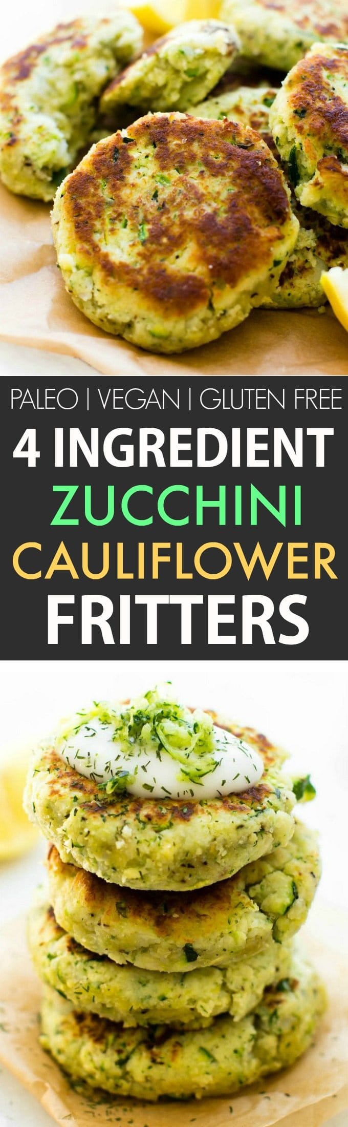 4 Ingredient Zucchini Cauliflower Fritters (V, GF, P, DF)- Crispy, easy and oil-free, these veggie packed cauliflower rice fritters need just four ingredients and 5 minutes to whip up! A kid-friendly meat-free/vegetarian meal! {vegan, gluten free, paleo recipe}- thebigmansworld.com
