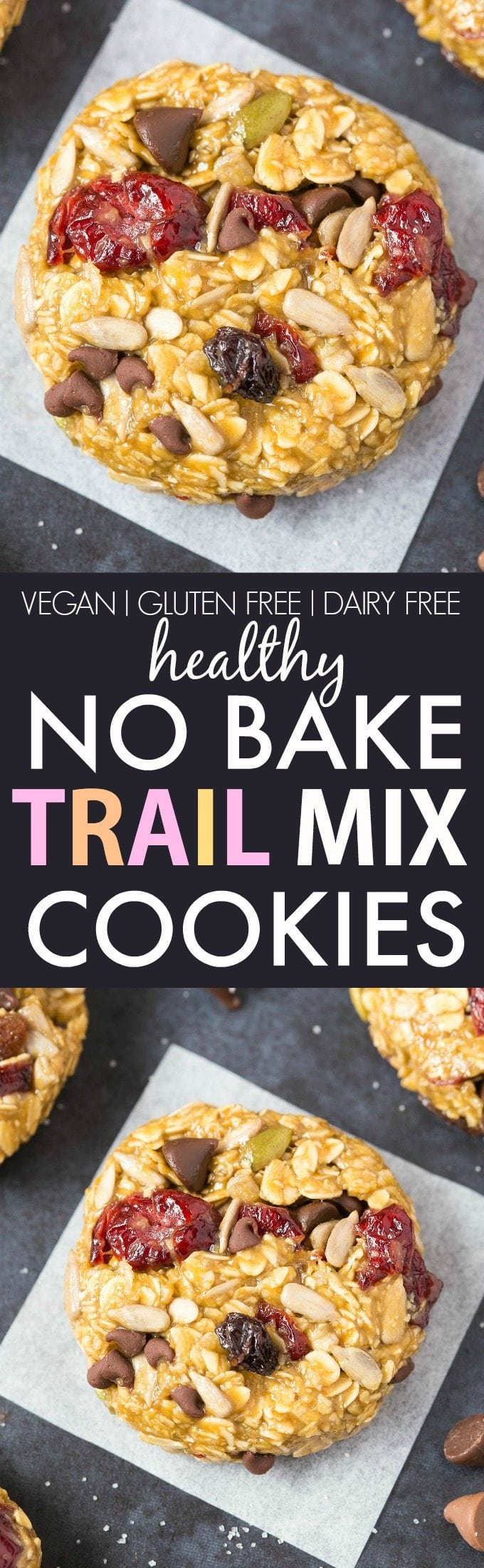 No Bake Trail Mix Cookies (V, GF, DF)- Easy, fuss-free and delicious, this healthy no bake thick and chewy cookie combines cereal and customizable add-ins in one! {vegan, gluten free, sugar free recipe}- thebigmansworld.com