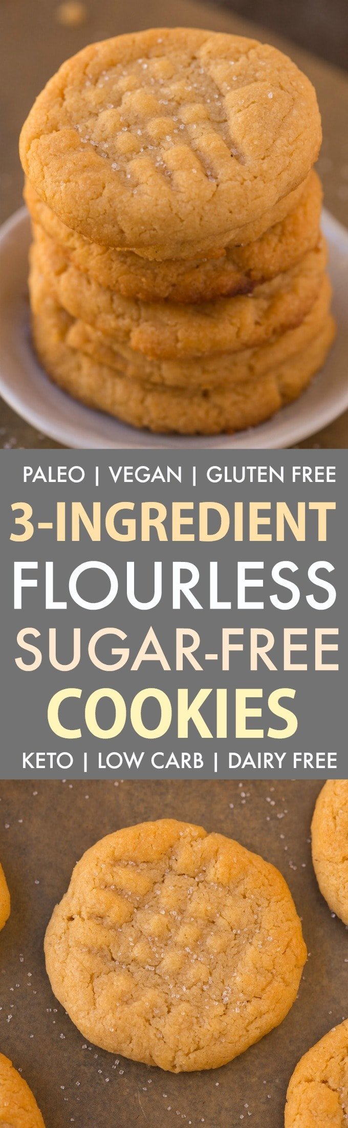 A collage of flourless sugar free peanut butter cookies made eggless