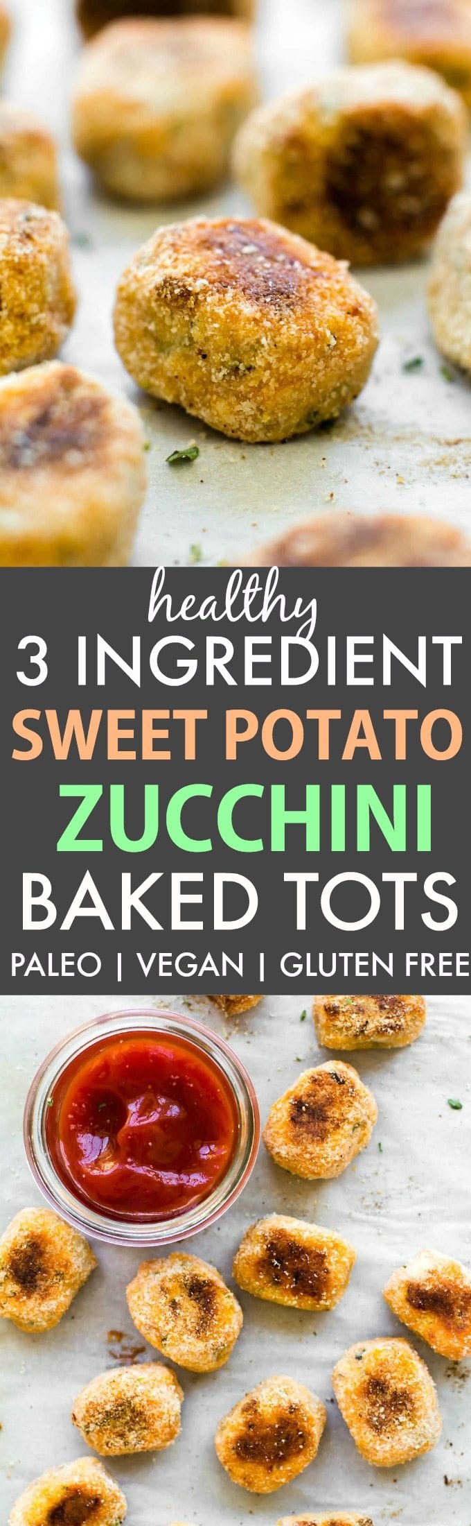 Healthy 3 Ingredient Sweet Potato Zucchini Baked Tots (V, GF, P, DF)- Crispy, easy and accidentally healthy low carb tots which are the perfect snack or veggie packed side dish- Oil free too! {vegan, gluten free, paleo recipe}- thebigmansworld.com