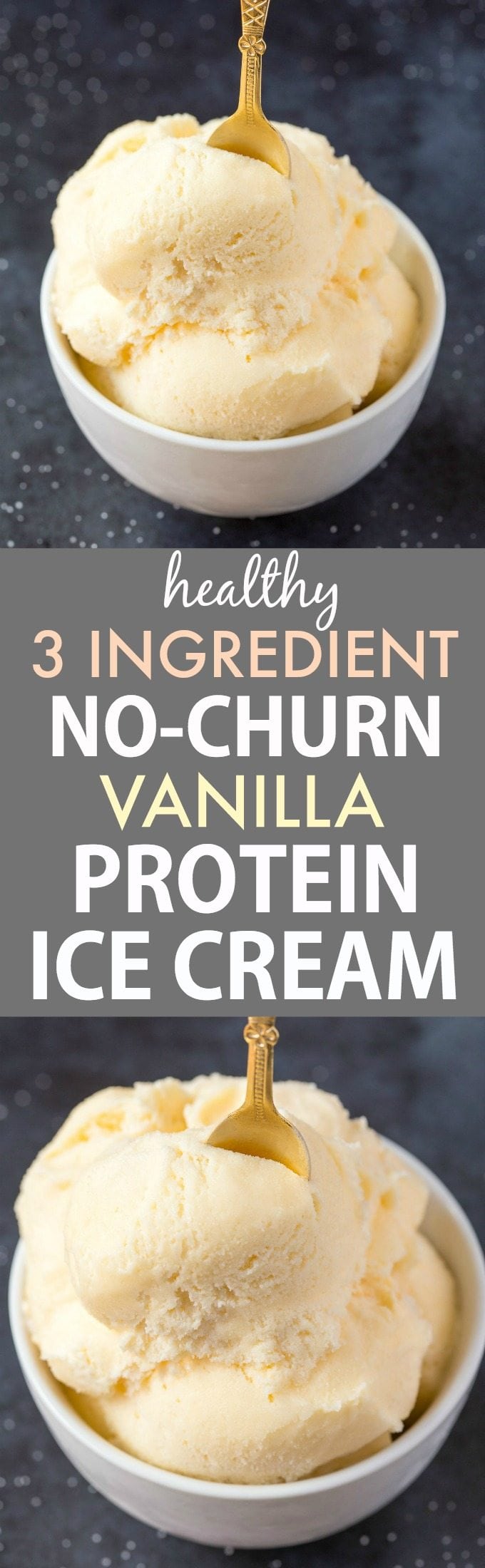 Healthy 3-Ingredient No Churn Vanilla Protein Ice Cream (V, GF, P, DF)- Guilt-free, low carb, dairy free and ready in minutes, this protein packed creamy frozen dessert can be enjoyed hard scoop or soft serve style- No ice cream maker! {vegan, gluten free, paleo recipe}- thebigmansworld.com