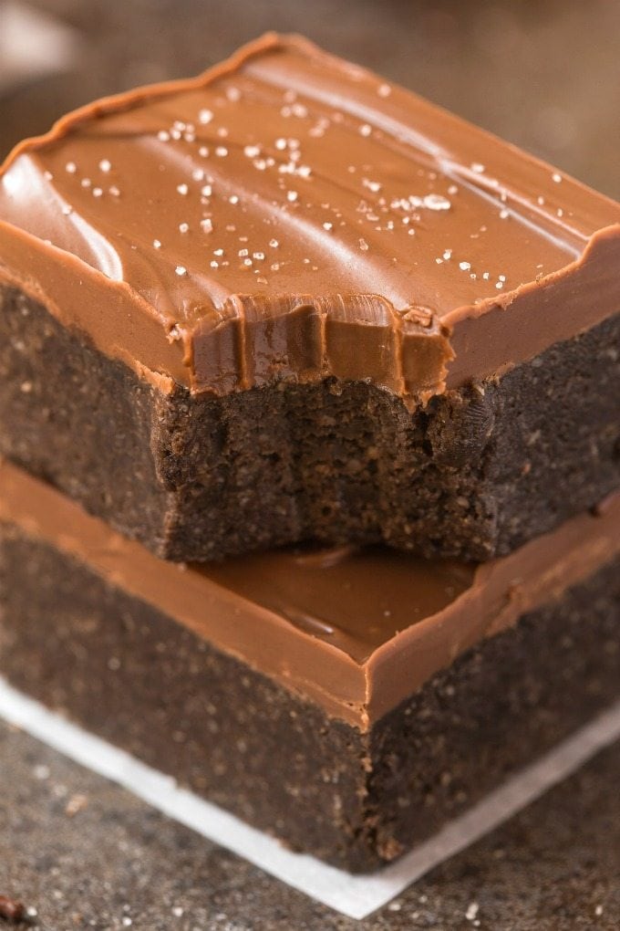 Healthy No Bake Sweet Potato Breakfast Brownies (V, GF, P, DF)- Easy, thick, chewy, fudgy and guilt-free brownies for breakfast- Protein packed and refined sugar free, with a thick, healthy chocolate frosting too! {vegan, gluten free, paleo recipe}- thebigmansworld.com