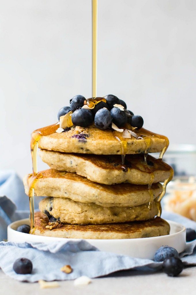 Fluffy Flourless Blueberry Smoothie Pancakes (Vegan, Gluten Free, Sugar